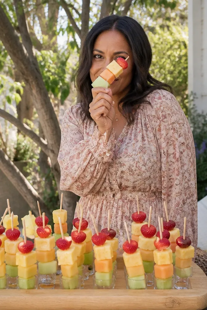Fruit skewers on a table with pastel napkins and a clean backdrop