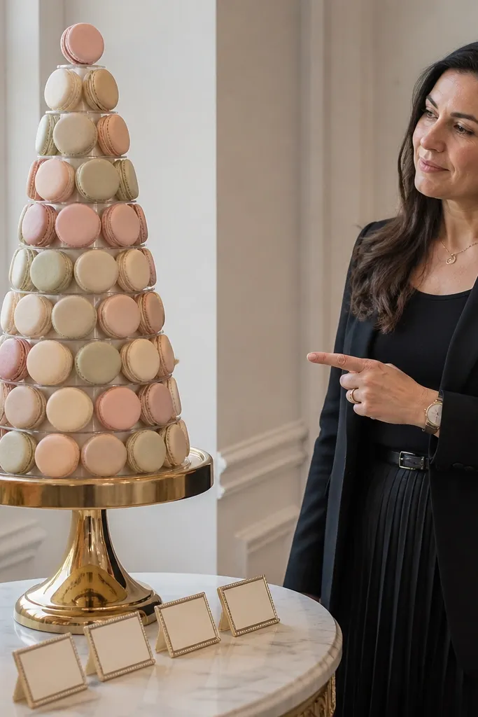 Tiered macaron tower on a gold stand with small labeled cards