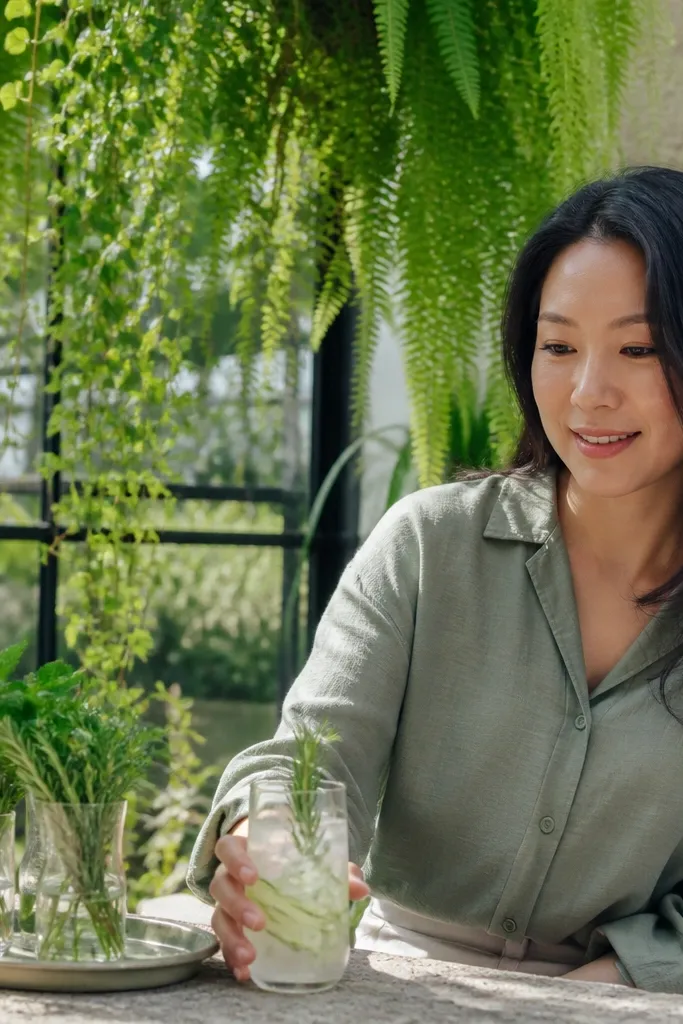 Green mocktails in glass bottles with hanging plants behind the bar