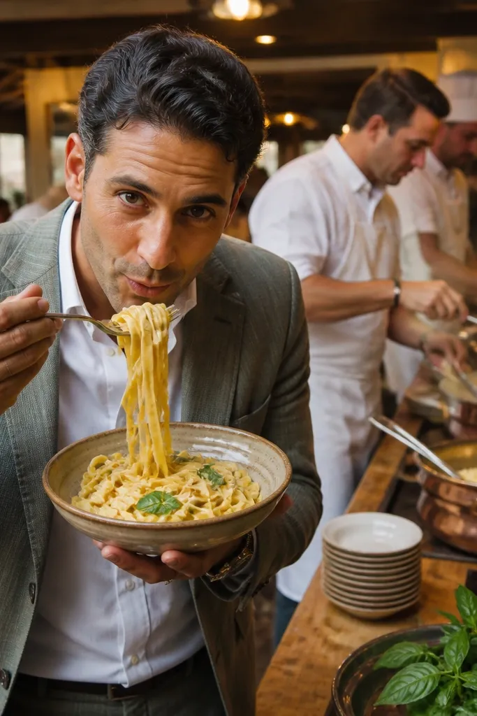 Pasta bowls being served with a clean backdrop and guests holding bowls