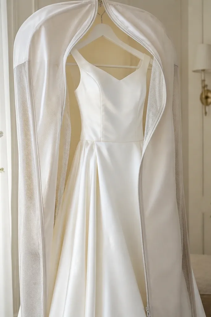 White dress in a zip garment bag with breathable fabric panels