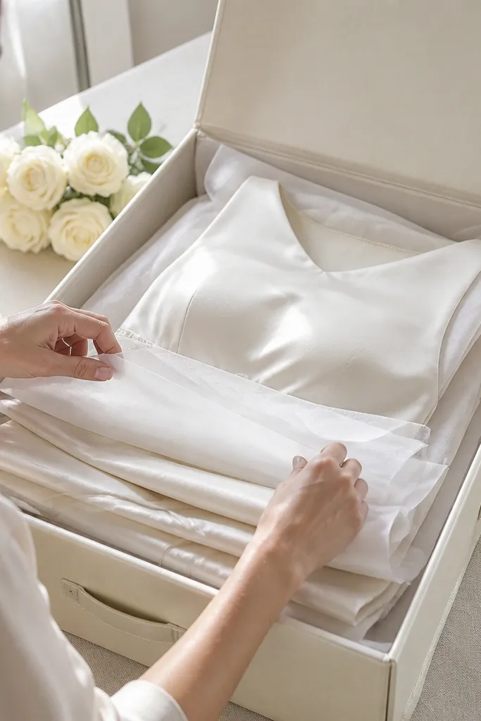 Stack of white silk paper sheets beside a folded white dress
