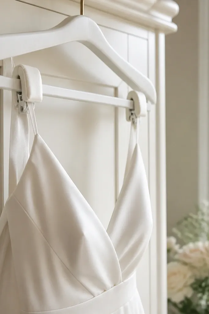 Small clips holding a dress strap and lace edge in place