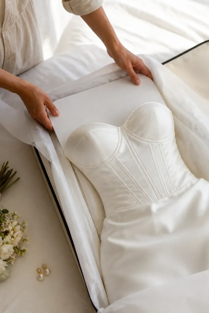 Flat board inside a suitcase supporting the folded dress bodice