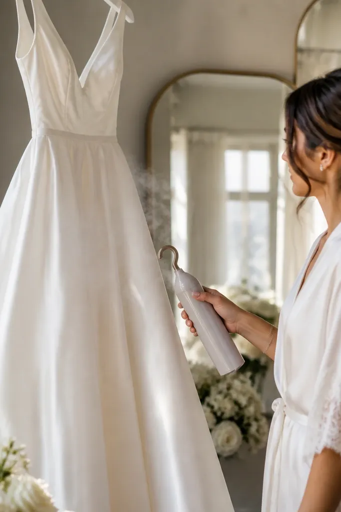 Compact steamer next to a hanger hook for steaming a white dress