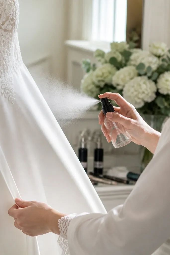 Small spray bottle with clear water beside a hanging wedding dress
