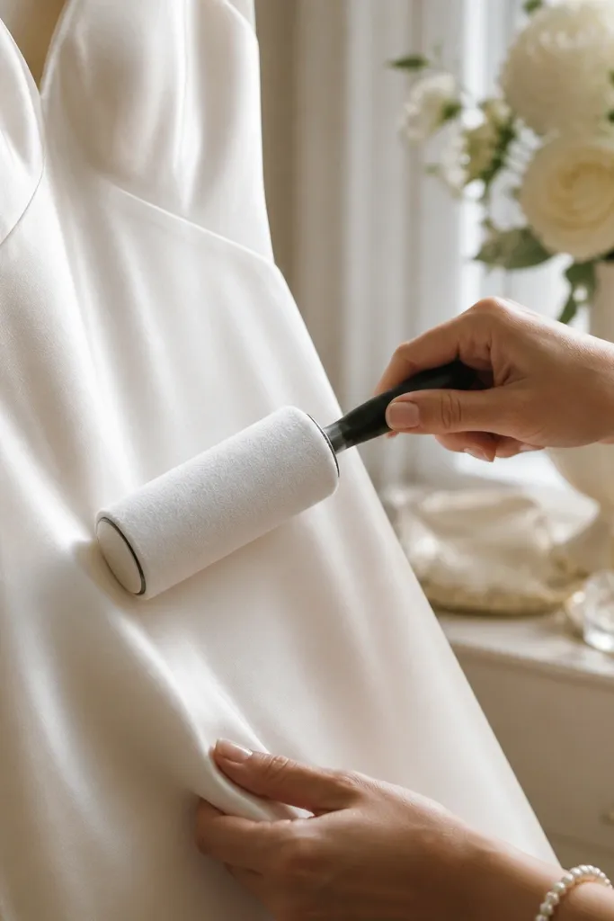Lint roller in a small pouch with a folded white dress nearby