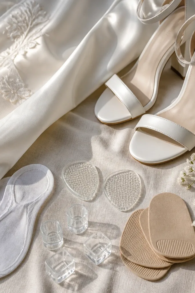 Heel caps, small tape, and socks laid next to wedding shoes