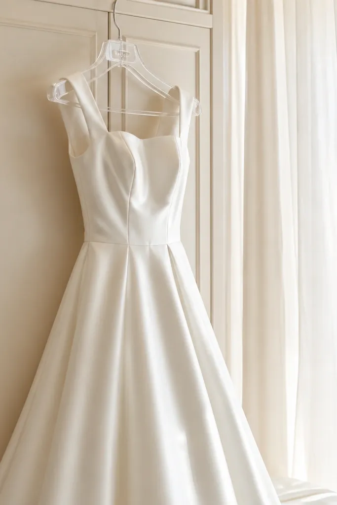 Wide-shoulder hanger holding a white silk dress