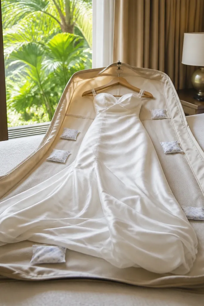 Moisture absorber packs in a small pouch near a garment bag