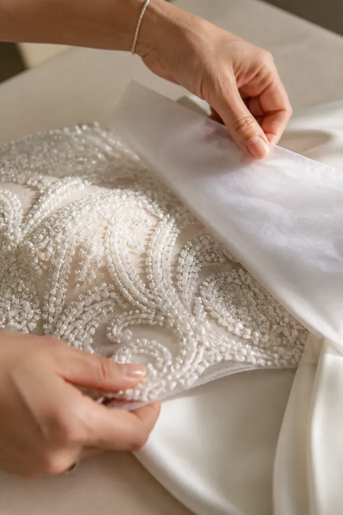 Thin protective sheet placed between lace panels in a suitcase