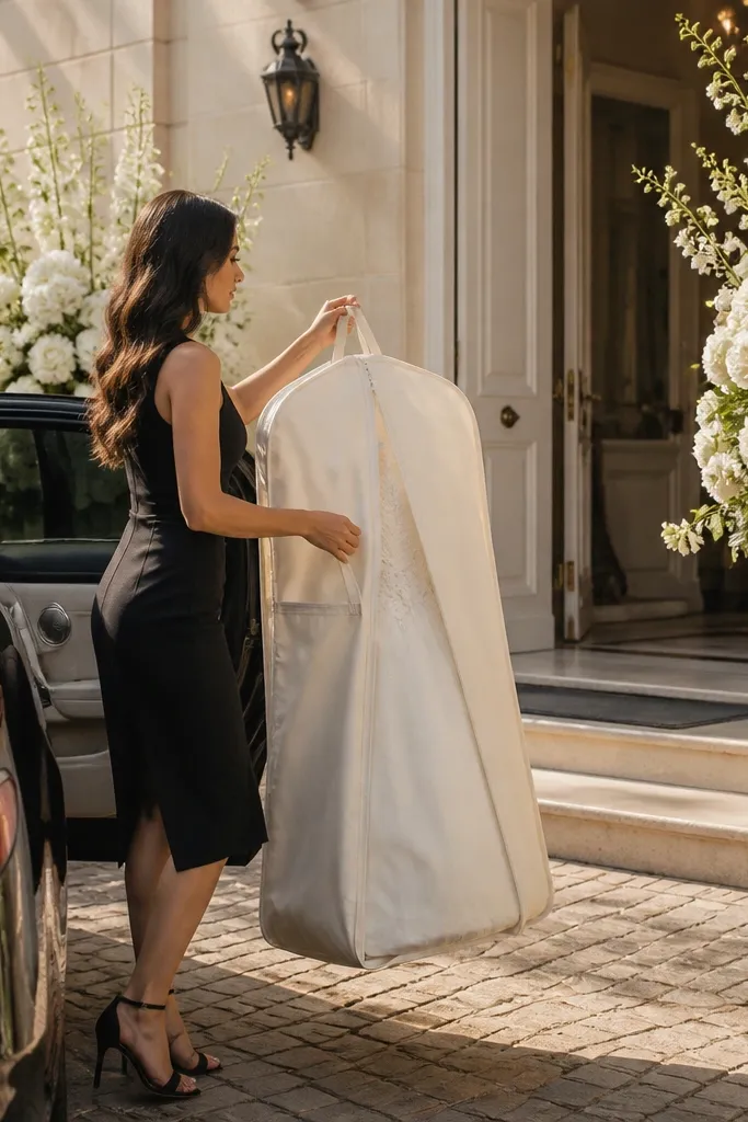 Portable cover draped over a white wedding dress in a car