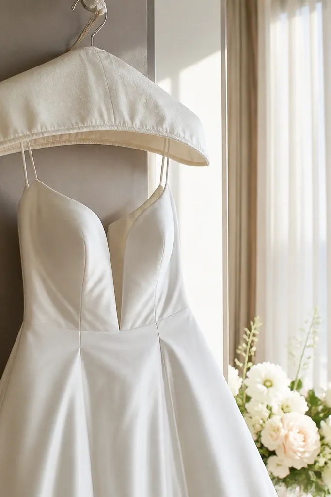 Hanger cover placed over a white silk dress while traveling