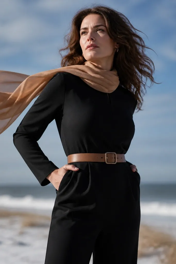 Black crepe jumpsuit with a camel belt and a sheer scarf