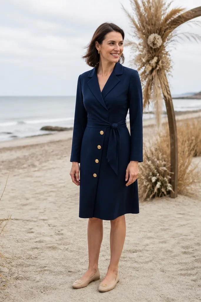 Navy wrap dress with gold buttons and nude leather flats