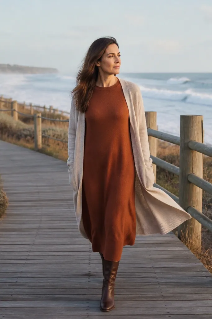 Terracotta knit dress with a longline cardigan and tan ankle boots