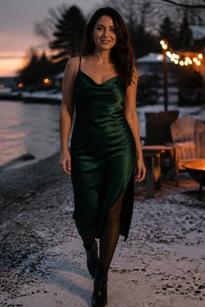 Emerald satin slip dress with black sheer tights and strappy heels