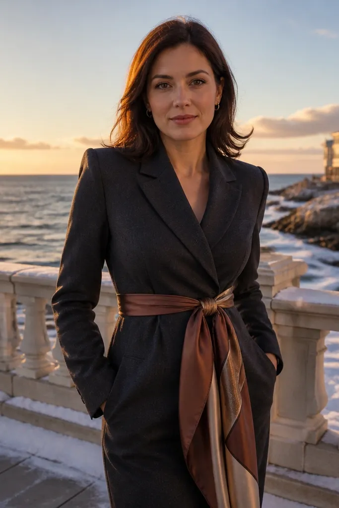 Charcoal blazer dress with a satin scarf tied at the waist