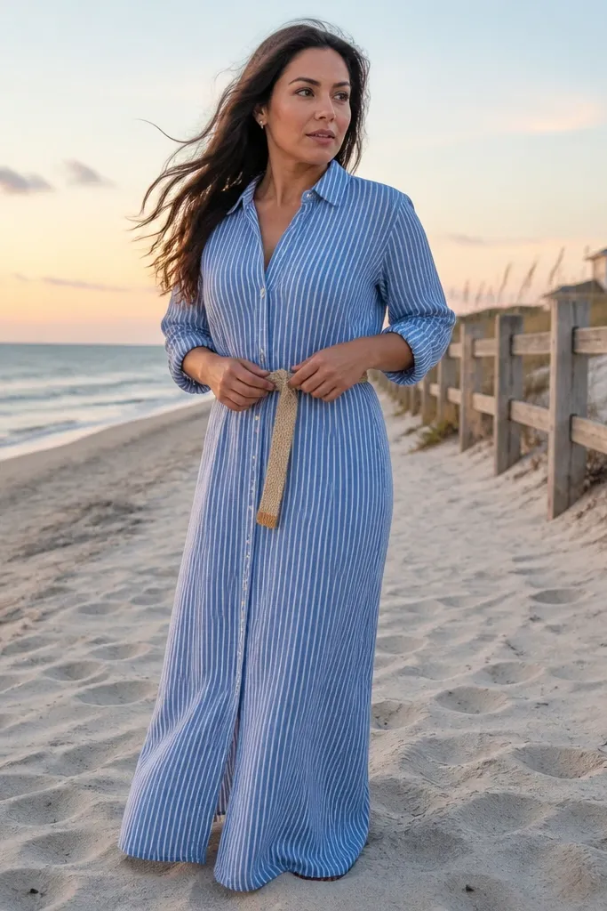 Blue stripe button-down maxi dress with a knotted belt and tan sandals