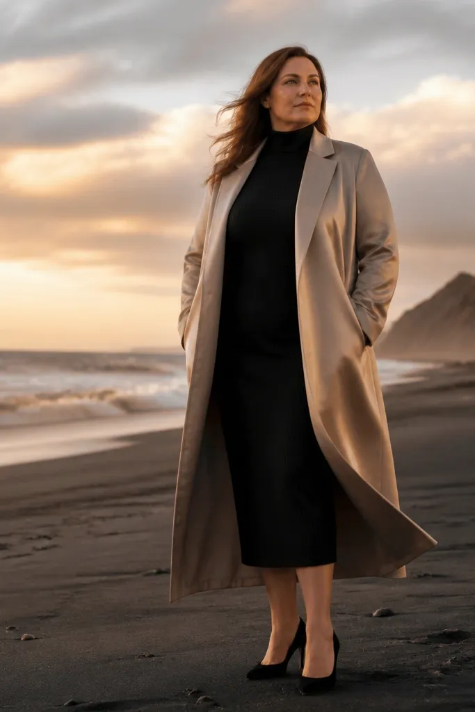 Black turtleneck midi dress with a champagne long coat and ankle boots