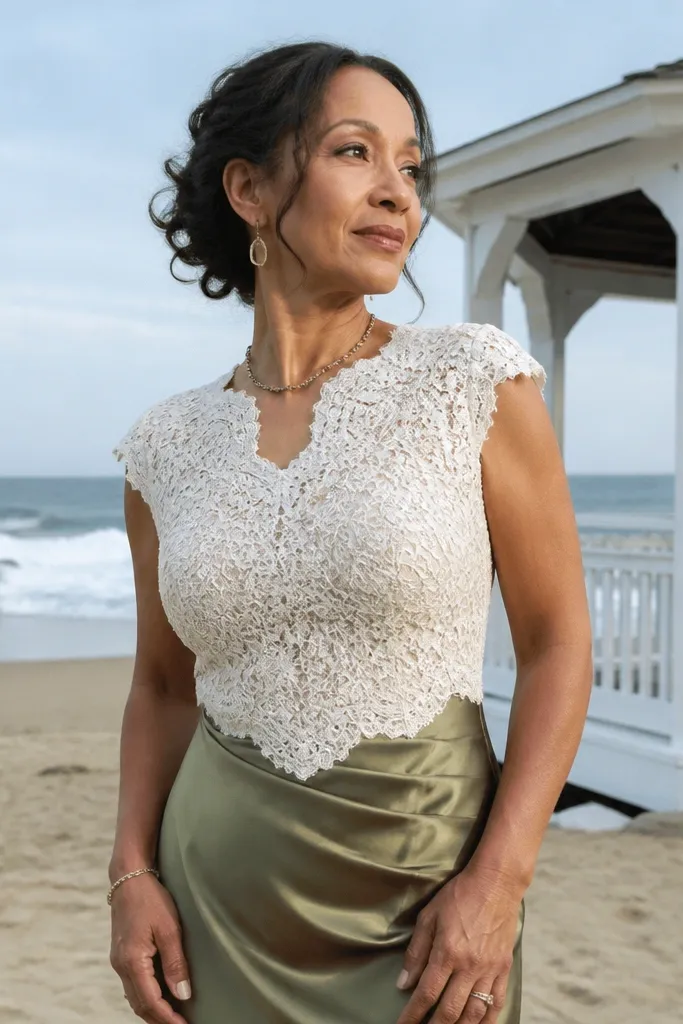 Ivory lace top with an olive satin skirt and heeled sandals
