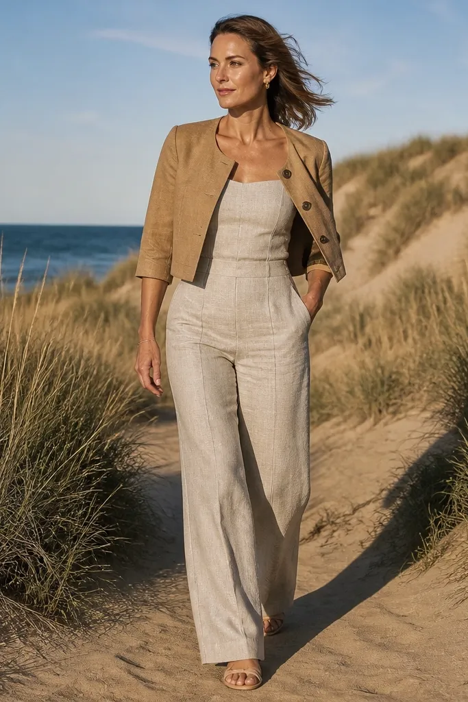Sand linen set with a cropped jacket and espadrille wedges