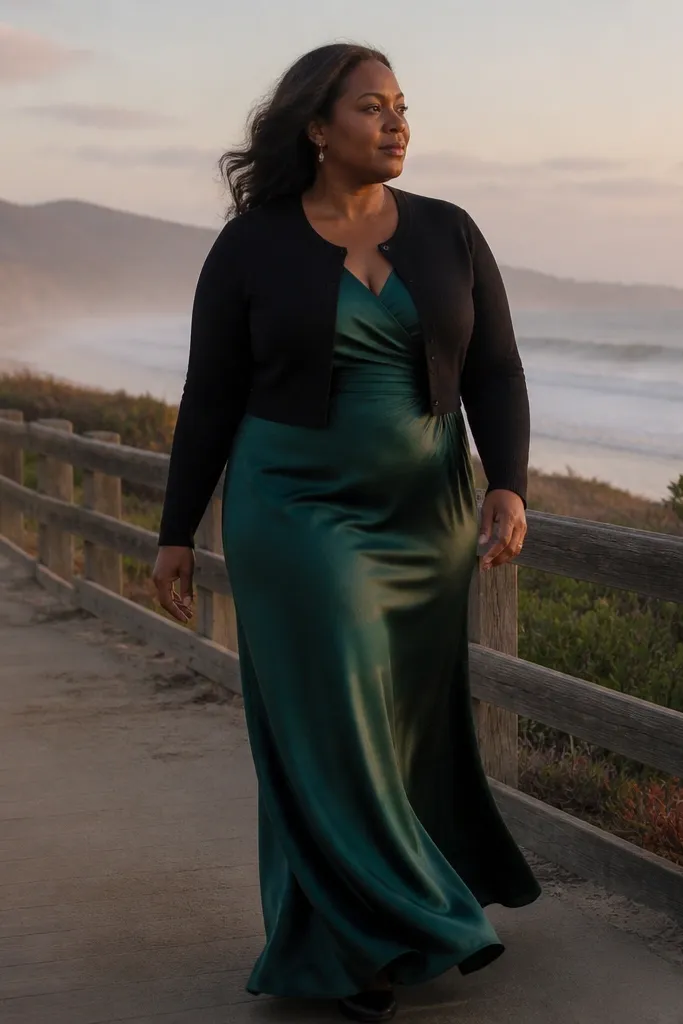 Deep green satin maxi dress with a black cropped cardigan and black heels