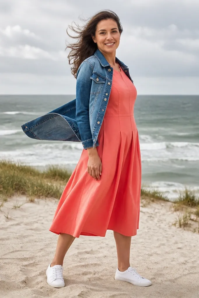 Coral poplin midi dress with a blue denim jacket and white sneakers