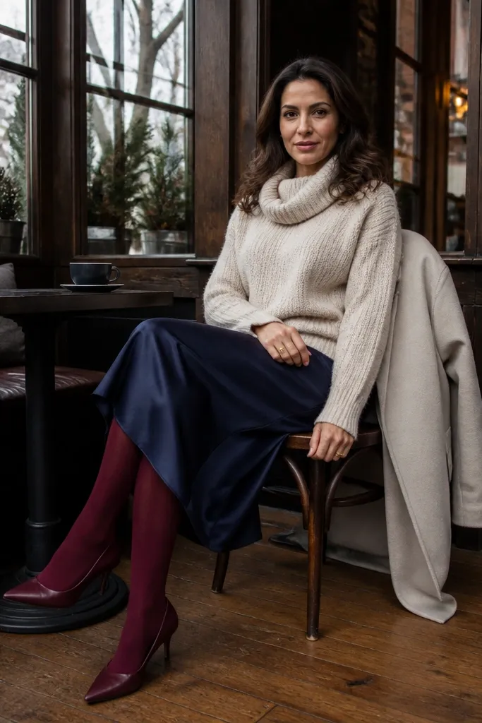 Navy satin midi skirt with oatmeal knit sweater and burgundy tights