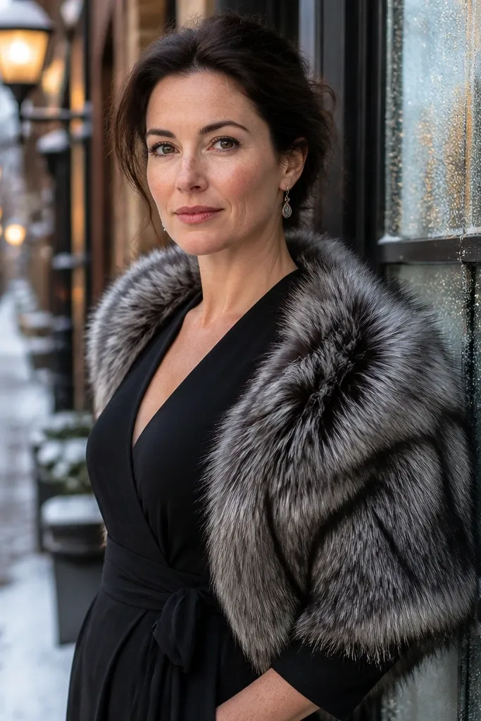 Black ponte wrap dress with a silver-gray faux fur stole and black ankle boots