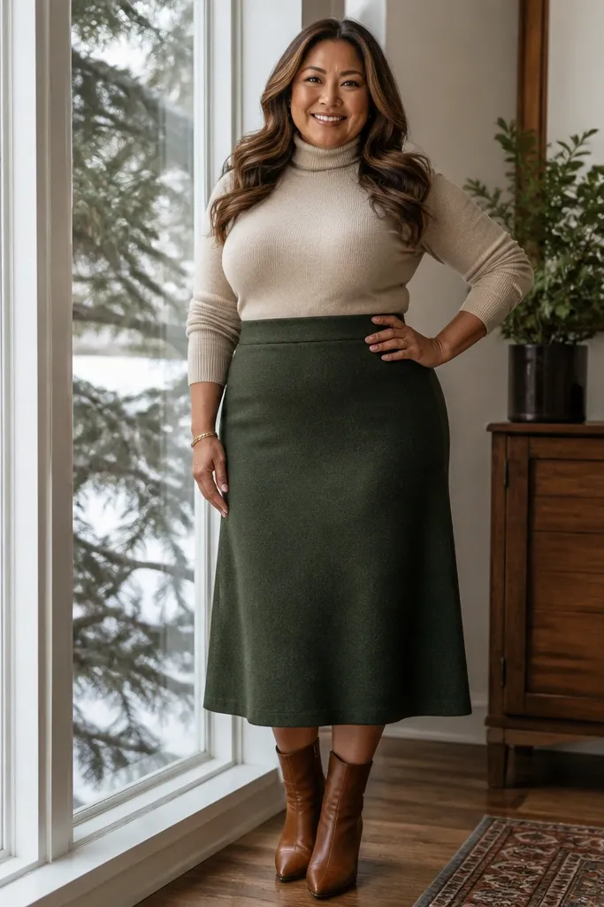 Oatmeal turtleneck sweater with forest green wool midi skirt and tan loafers