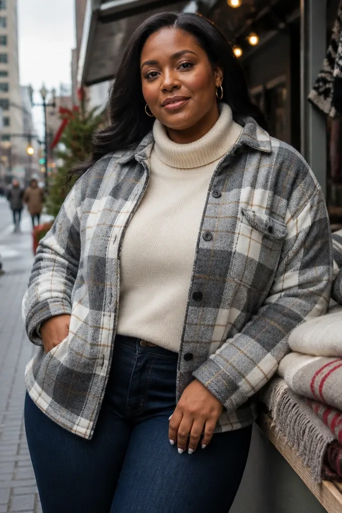 Heather-gray plaid shacket over cream turtleneck with dark jeans and brown boots