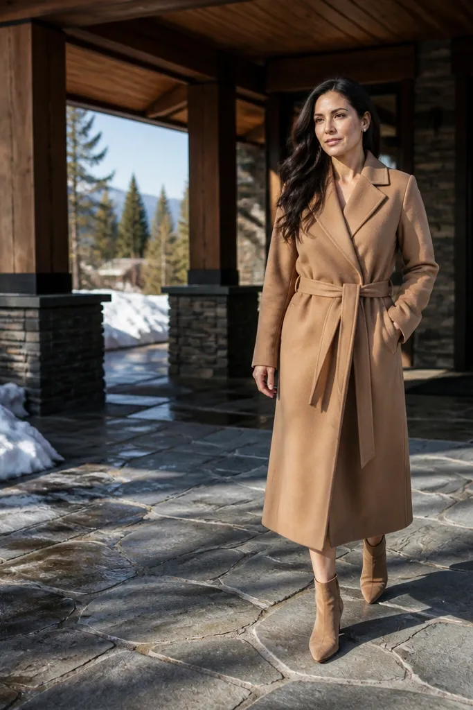 Camel wool-blend coat dress with tan ankle boots and a cream knit beanie