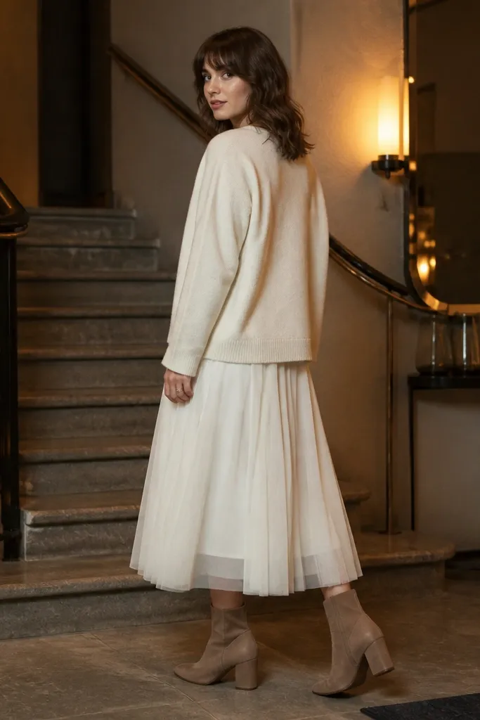 Ivory tulle midi skirt with cream cardigan and suede ankle boots