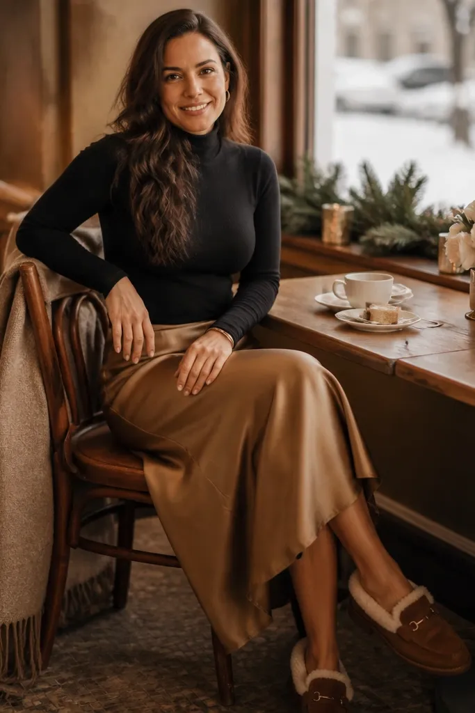 Black turtleneck bodysuit with camel satin-look midi skirt and shearling loafers