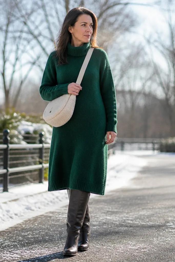 Forest green sweater dress with cream faux shearling crossbody and tall dark boots