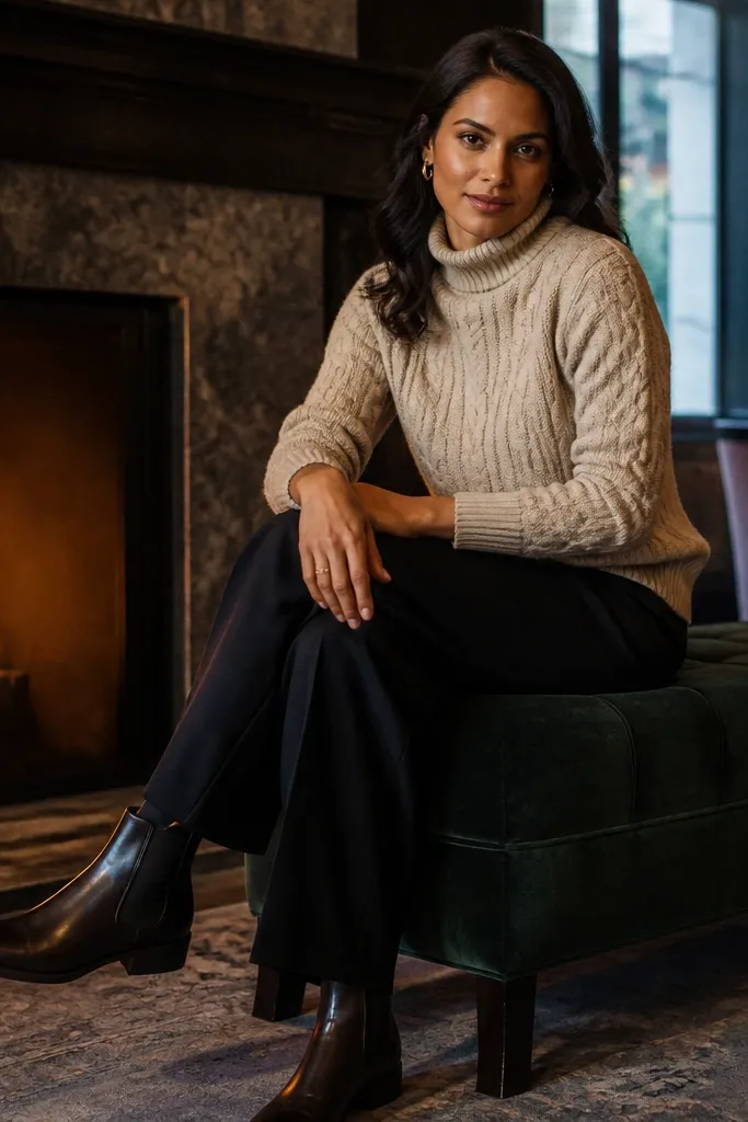 Oatmeal cable turtleneck with black wide-leg trousers and espresso Chelsea boots