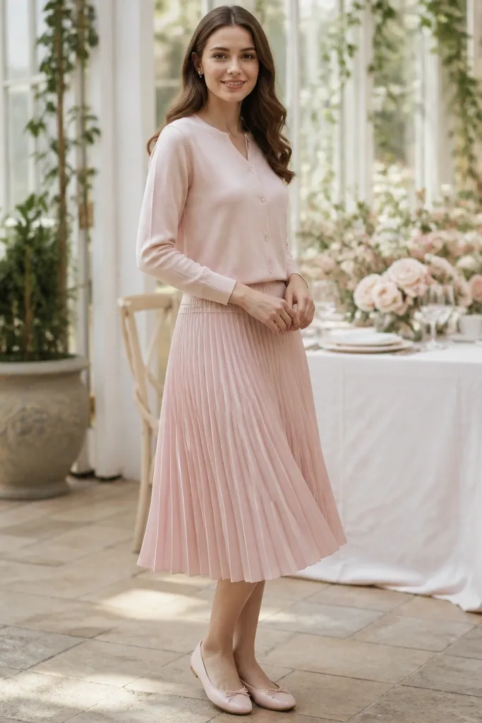 Blush cardigan with pleated midi skirt and ballet flats