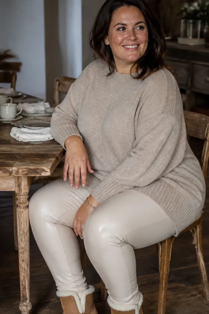 Ivory faux-leather leggings with oversized oatmeal sweater and shearling-lined ankle boots