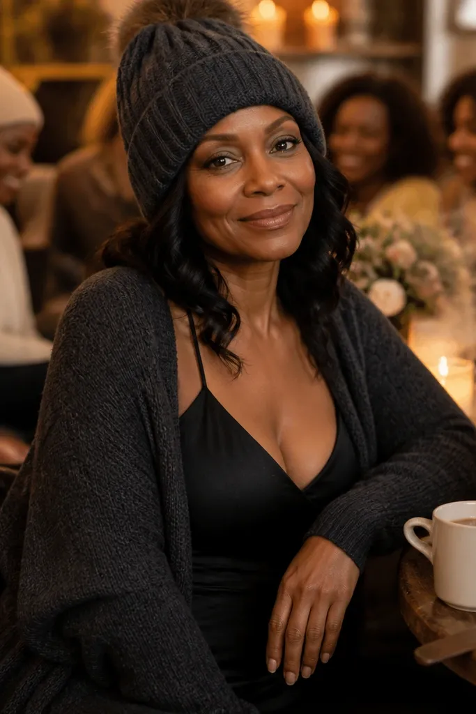 Black slip dress with thick charcoal cardigan and a warm beanie