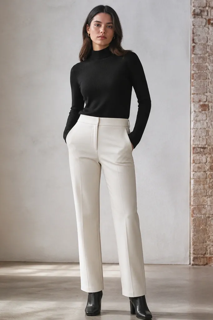 Cream straight-leg ponte trousers with a black mock-neck sweater and ankle boots