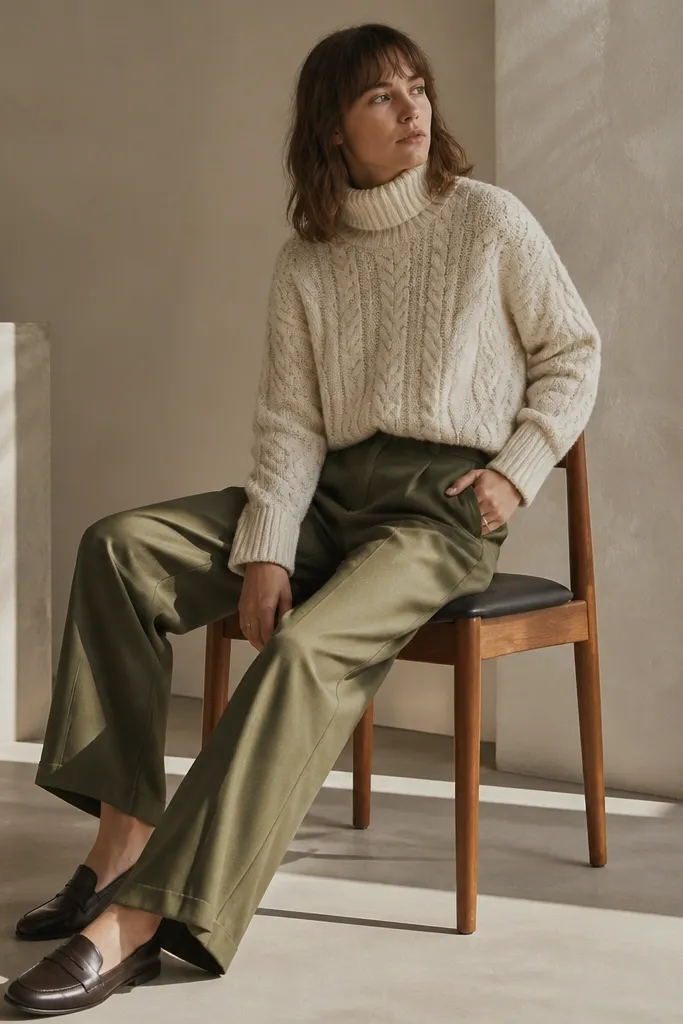 Olive wide-leg twill pants with an ivory cable-knit turtleneck and loafers
