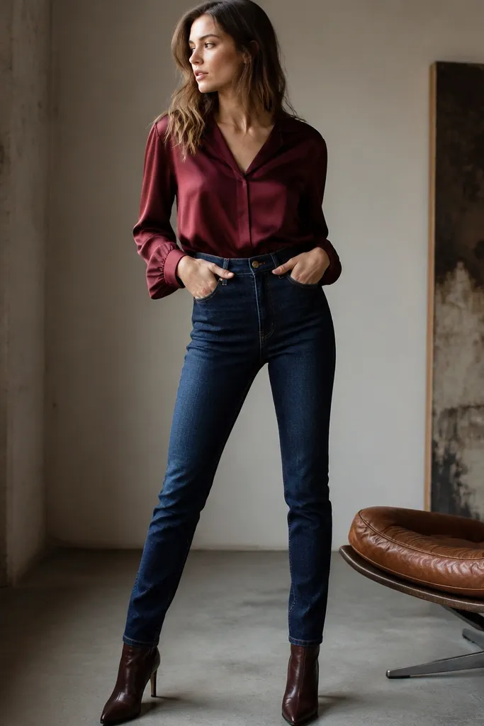 Dark indigo high-rise jeans with a burgundy satin-look blouse and heeled ankle boots