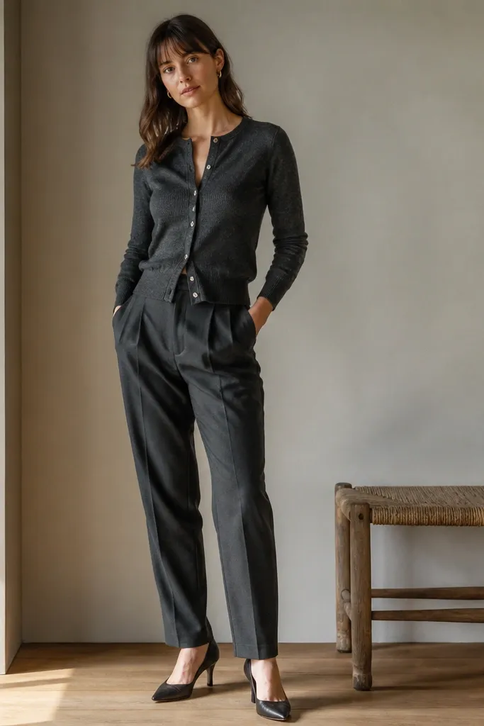 Charcoal wool-blend trousers with a fitted knit cardigan and simple pumps