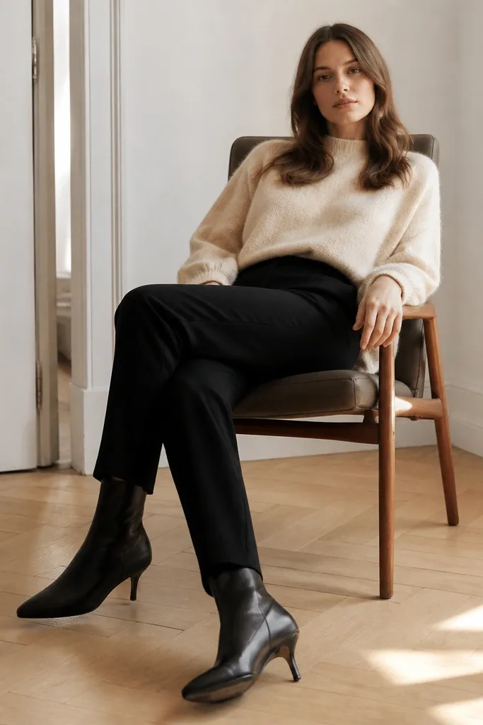 Black pencil pants with a cream soft sweater and black boots
