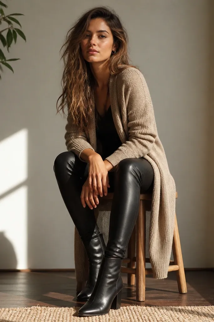 Black faux-leather leggings with a long cardigan and heeled ankle boots