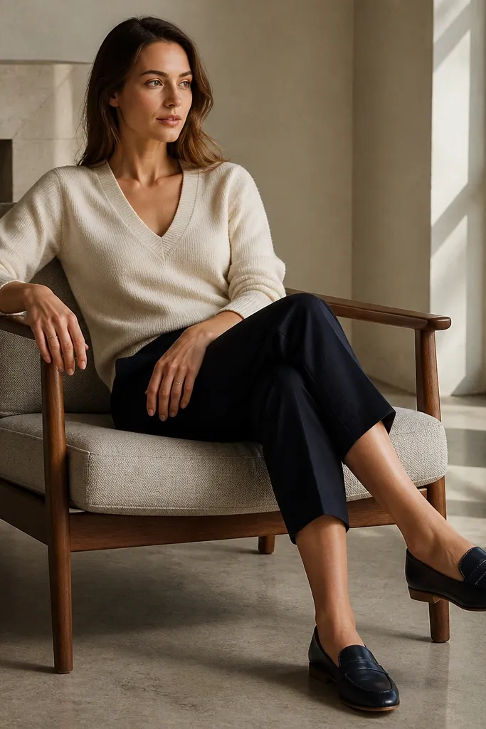 Navy satin-twill cropped trousers with a cream V-neck sweater and loafers
