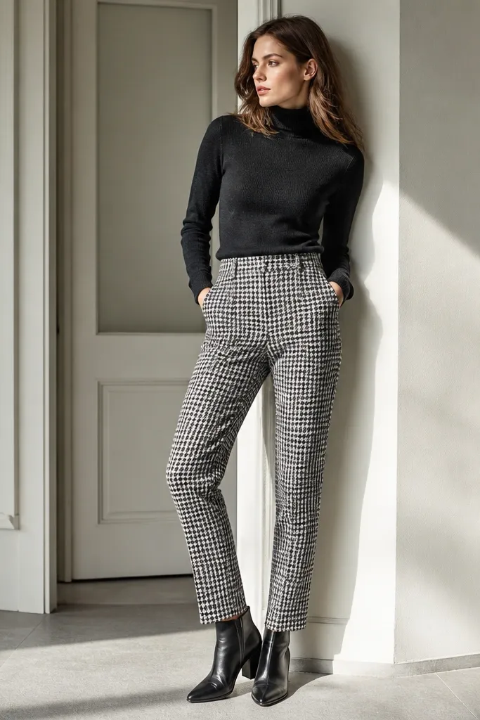 Black-and-white houndstooth trousers with a fitted dark turtleneck and black boots