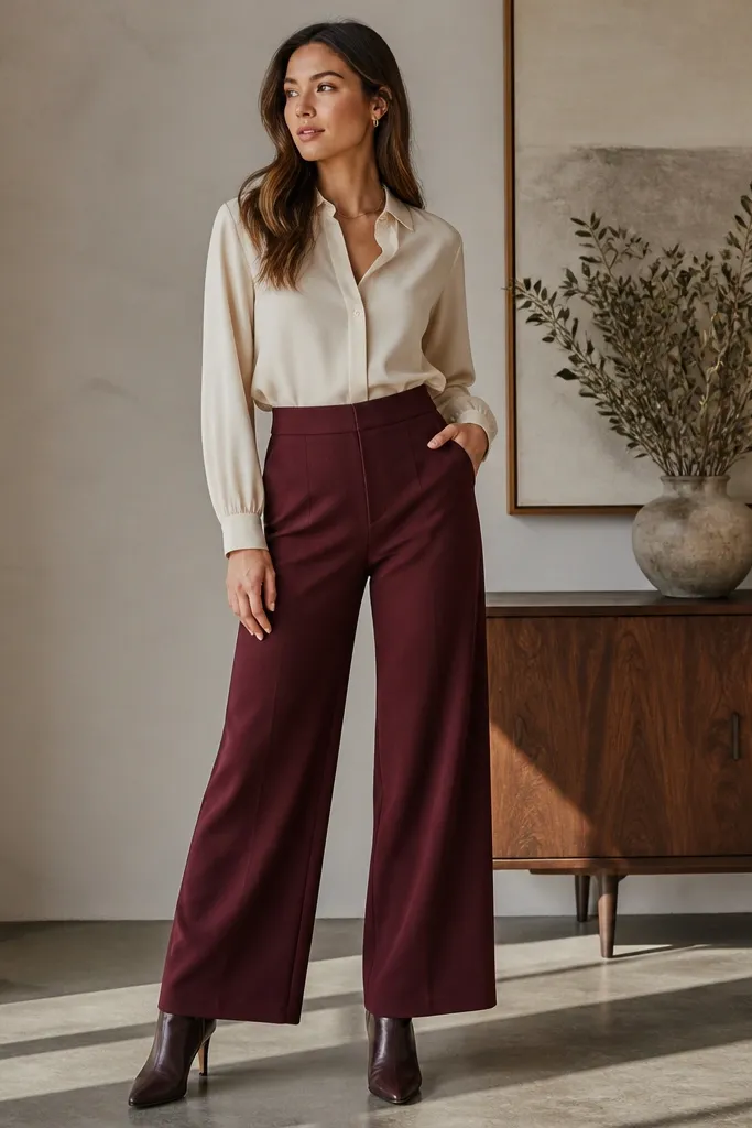 Burgundy wide-leg ponte pants with a cream blouse and ankle boots