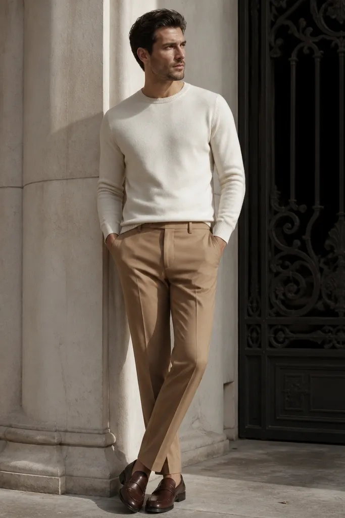 Camel wool-blend trousers with an ivory crewneck sweater and brown loafers